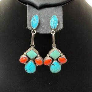 Native American Signed E. Yazzie Sterling Silver Turquoise Coral Dangle Earrings